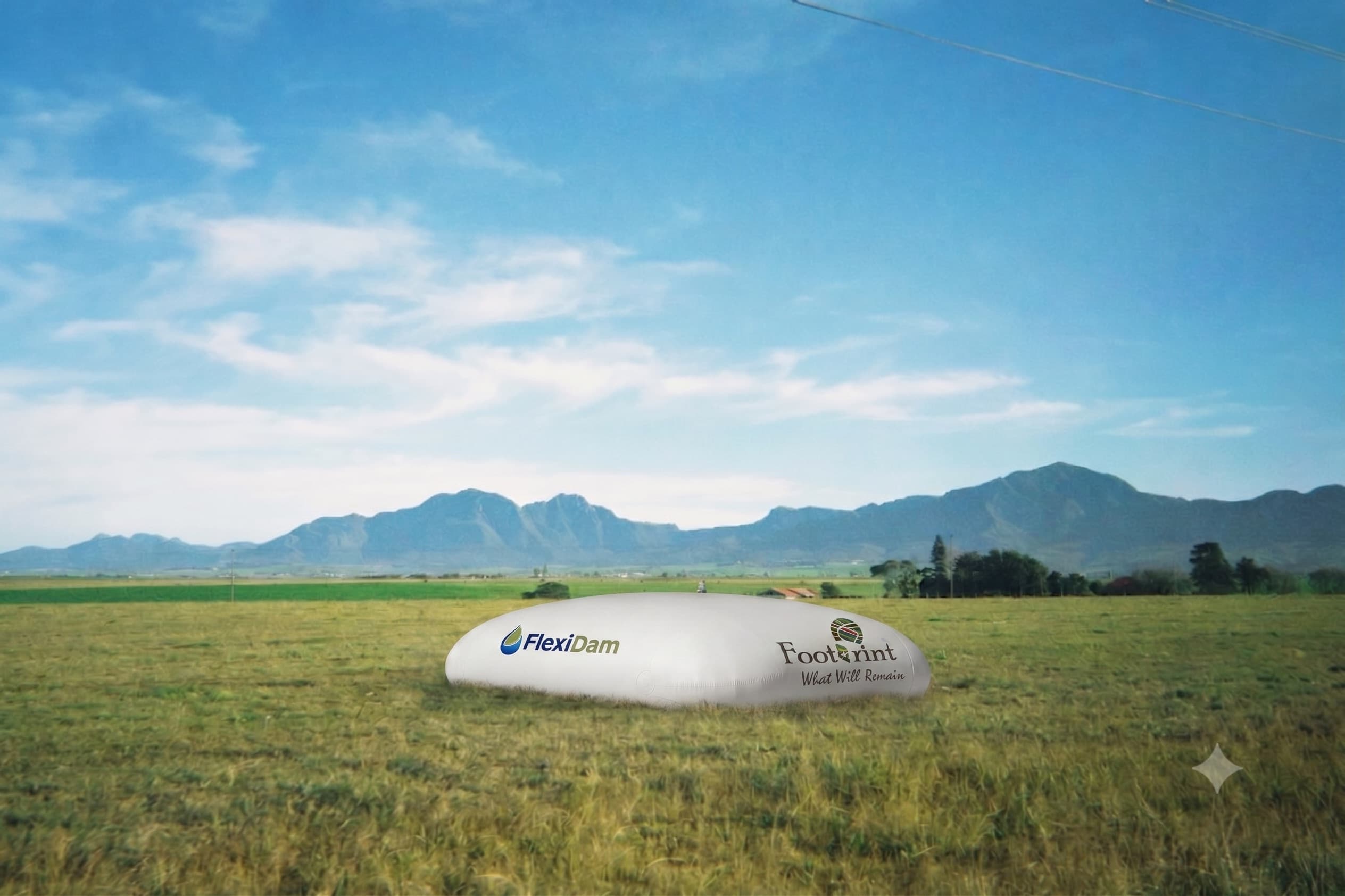 A FlexiDam pillow tank branded with the FlexiDam and Footprint logos, standing on open pasture with a mountain range behind it